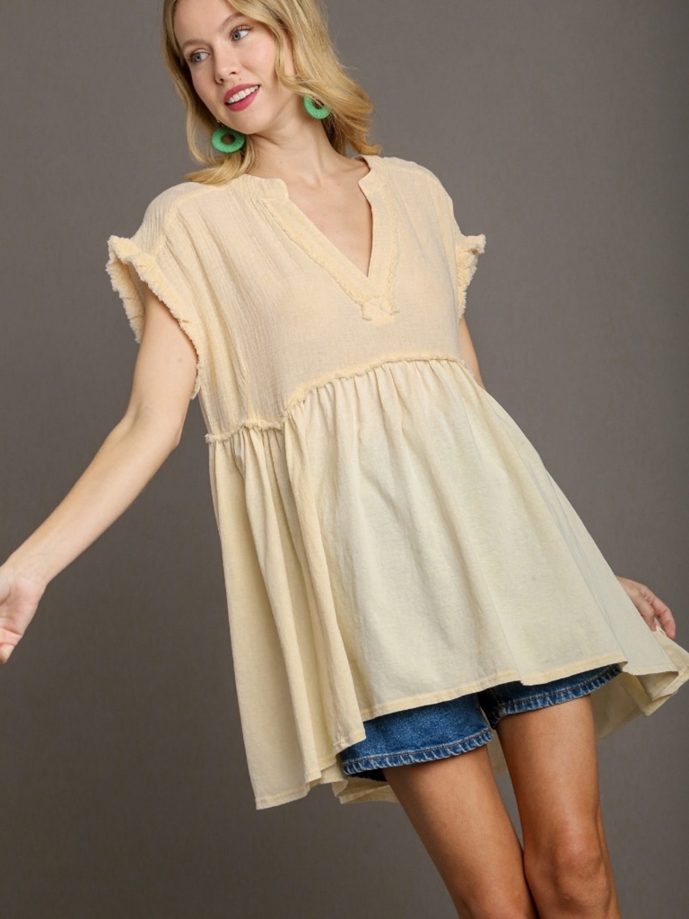 Cotton Gauze Knit Mix Baby Doll Split Neck Tunic Dress & Frayed Hem